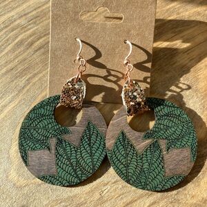 Leaf Pattern Wooden Earrings with Gold Accents